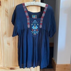 Johnny Was Embroidered Navy Blue semi sheer Women's Top